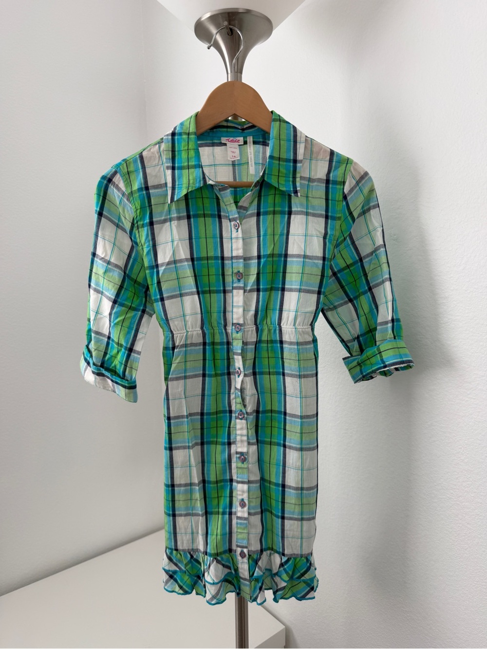 Justice Green & Blue Plaid Short-Sleeve Button Shirt